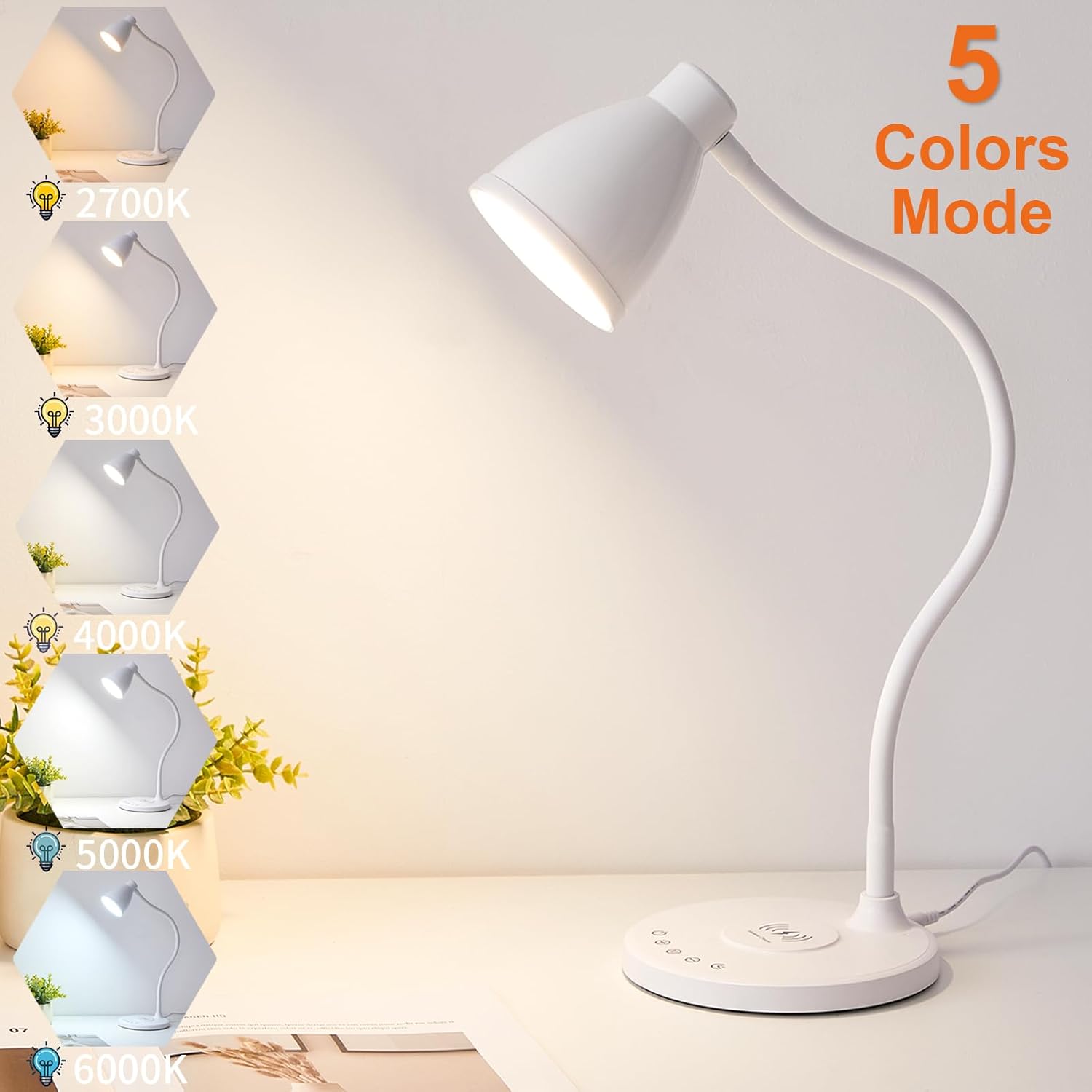 BOHON Desk Lamp for Home Office, LED Desk Light with USB C+A Charging Ports, Wireless Charger, 5 Colors Stepless Dimming Reading Light…