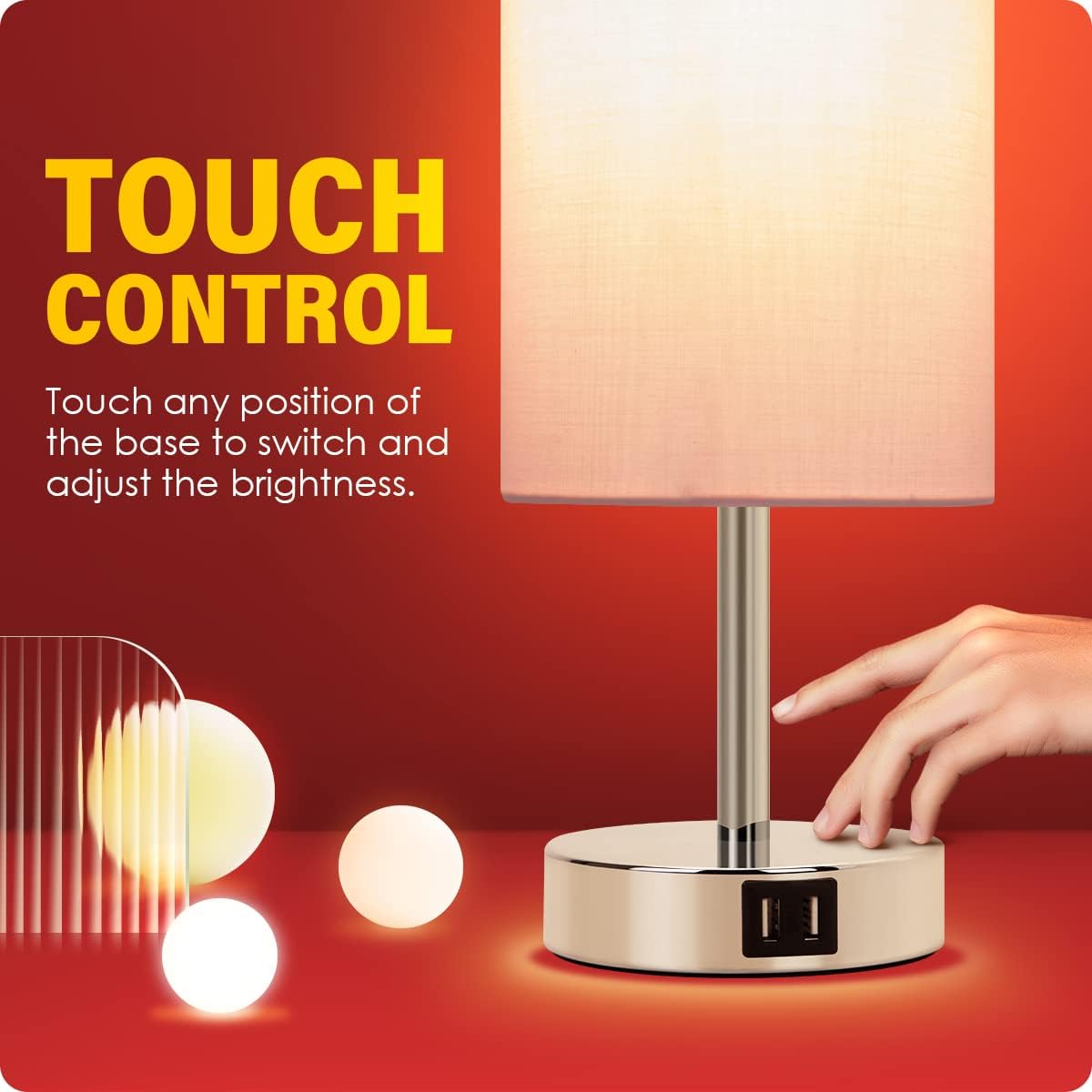 Yarra-Decor Bedside Lamp with USB Port - Touch Control Table Lamp for Bedroom 3 Way Dimmable Nightstand Lamp with Round Pink Fabric Shade…