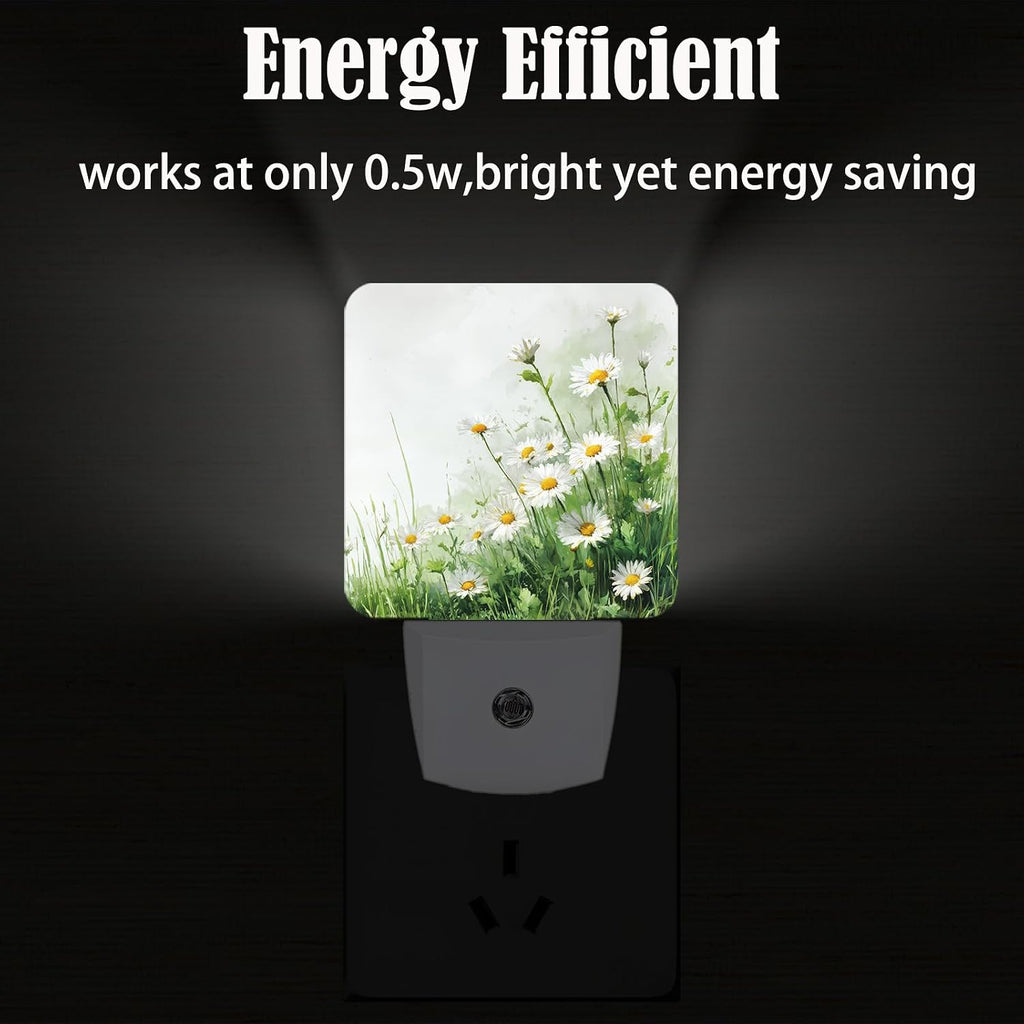 Flowers Night Light, Daisies Watercolor Plug Into Wall for Boys Girls Bedroom Decorative Square Night Light Lamp 0.5w Sleep Friendly
