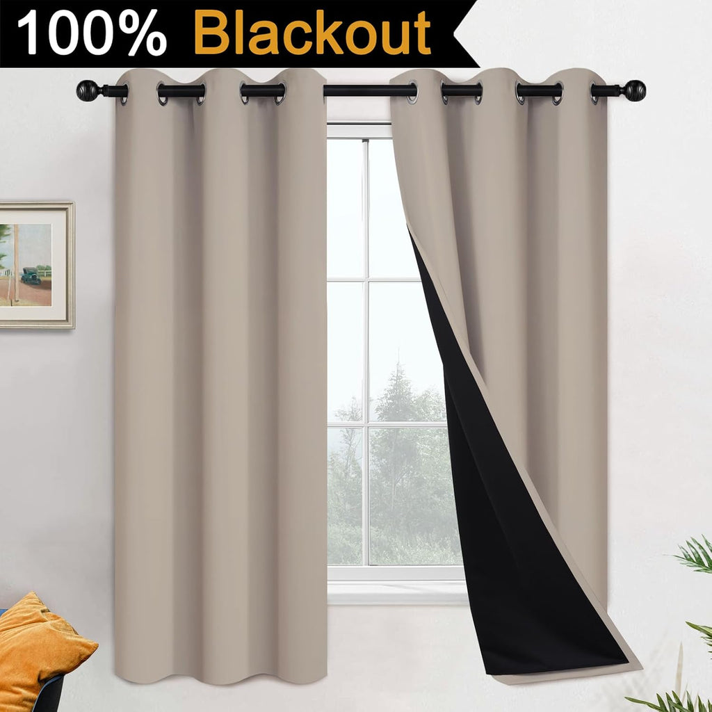 Yakamok 100% Blackout Curtains 63 Inches Long, 2 Thick Layers Heat and Full Light Blocking Soft Thermal Insulated Drapes for Bedroom(42" Wi…