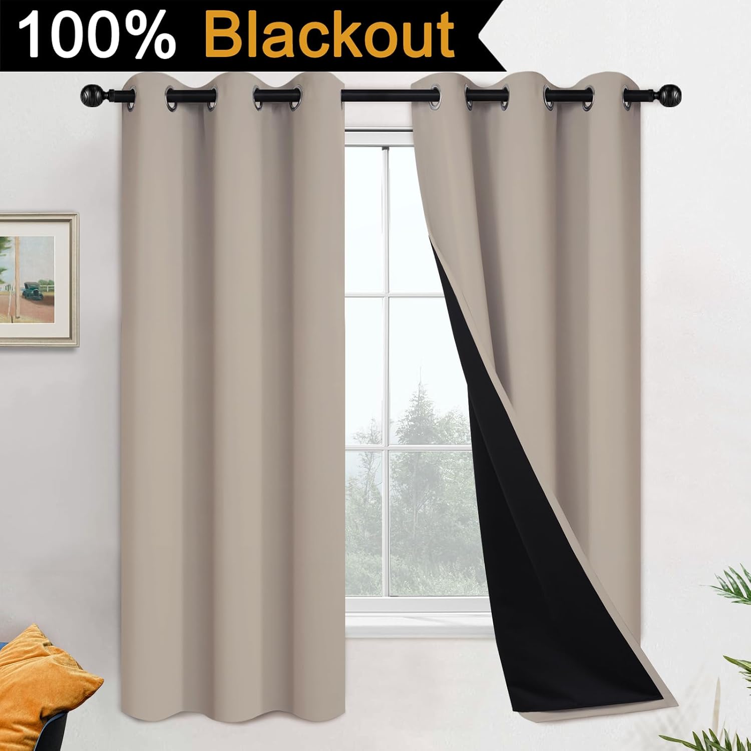 Yakamok 100% Blackout Curtains 63 Inches Long, 2 Thick Layers Heat and Full Light Blocking Soft Thermal Insulated Drapes for Bedroom(42" Wi…