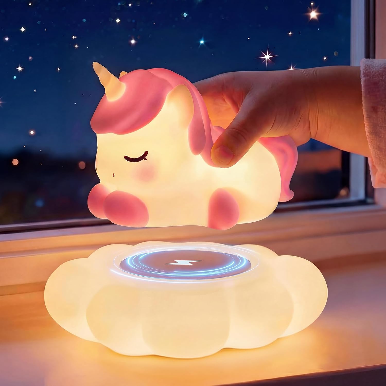 Mewaii Cloud Unicorn Night Light for Kids-Wireless Charging Cloud Base, 3-Level Dimmable 7-Color Changing & 30-Min Timer, Portable Girls Ni…