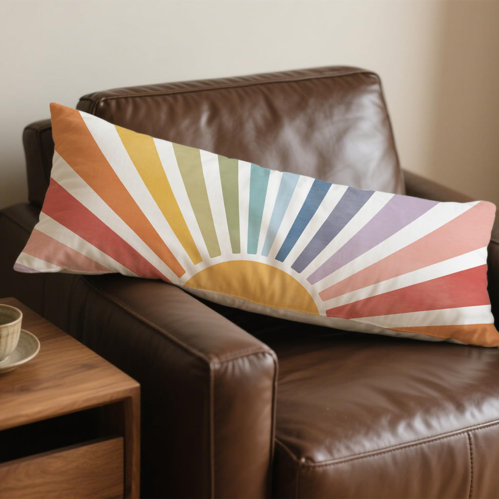Boho Colorful Sun Sunshine 20x54 Body Pillow Cover, Boho Room Decor, Mid Century Modern Horizontal Sun Sunset Sunrise Decorative Long…