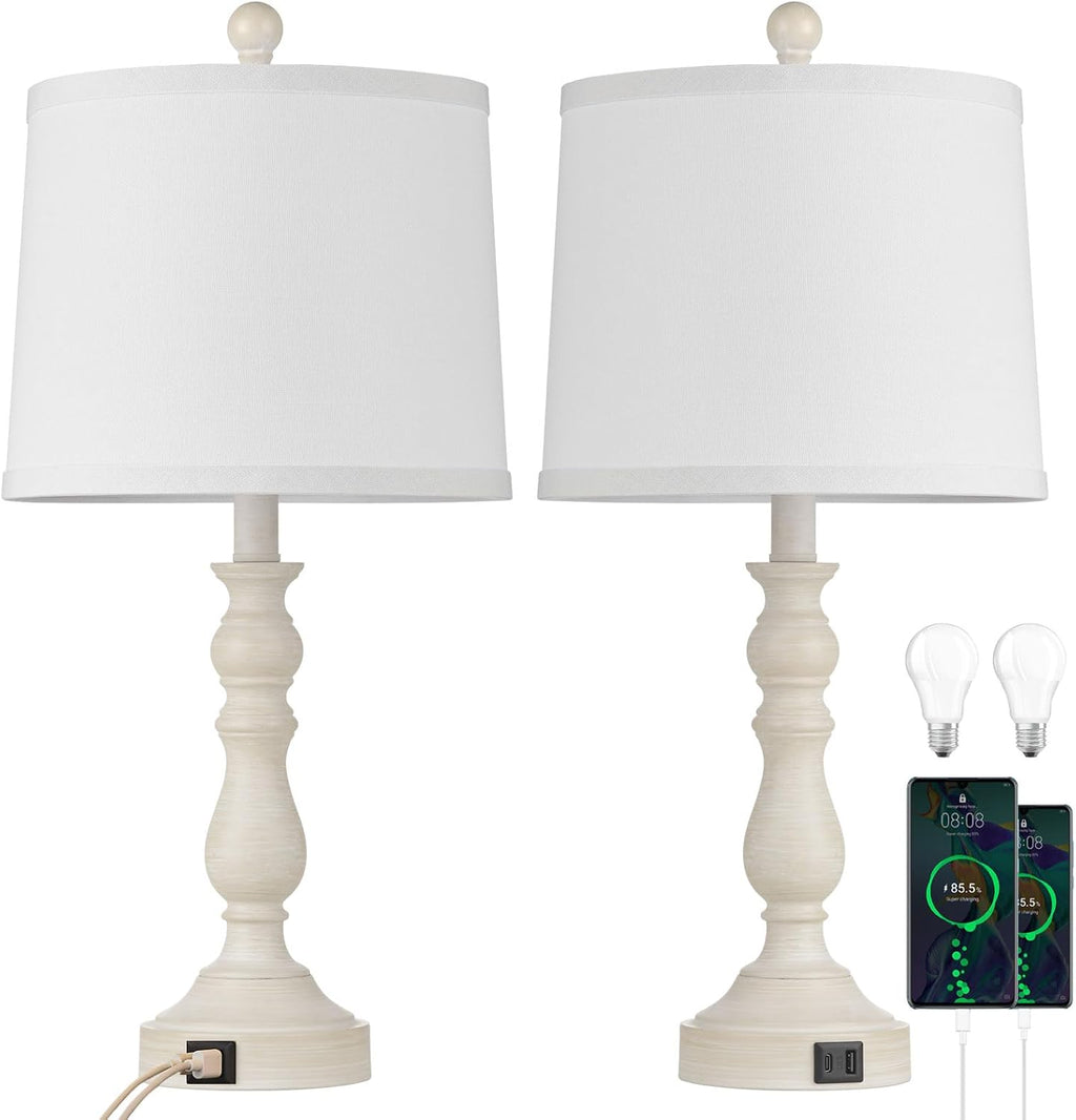 23'' Farmhouse Table Lamps for Living Room Set of 2 with USB C+A Ports, Retro Bedside Lamp for Bedroom, Office, Dining Room, Knob Switch…