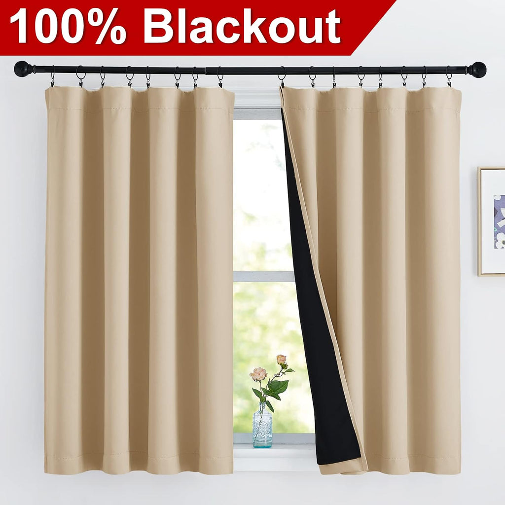 Nicetown Bedroom Full Blackout Curtain Panels, Super Thick Insulated Rod Pocket Window Covers, Blackout Draperies with Black Liner for Shor…