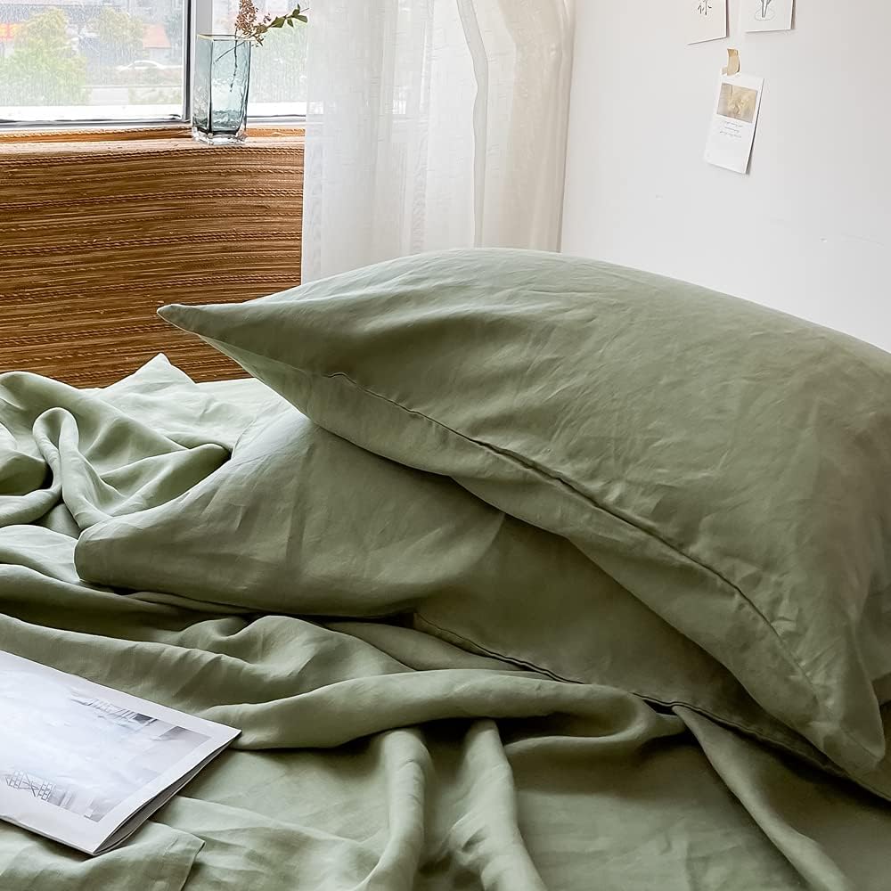 Simple&Opulence 100% Linen Pillowcases Basic Style Solid Color Set of 2, Queen Size Stone Washed Flax Pillow Cover Envelope Closure…