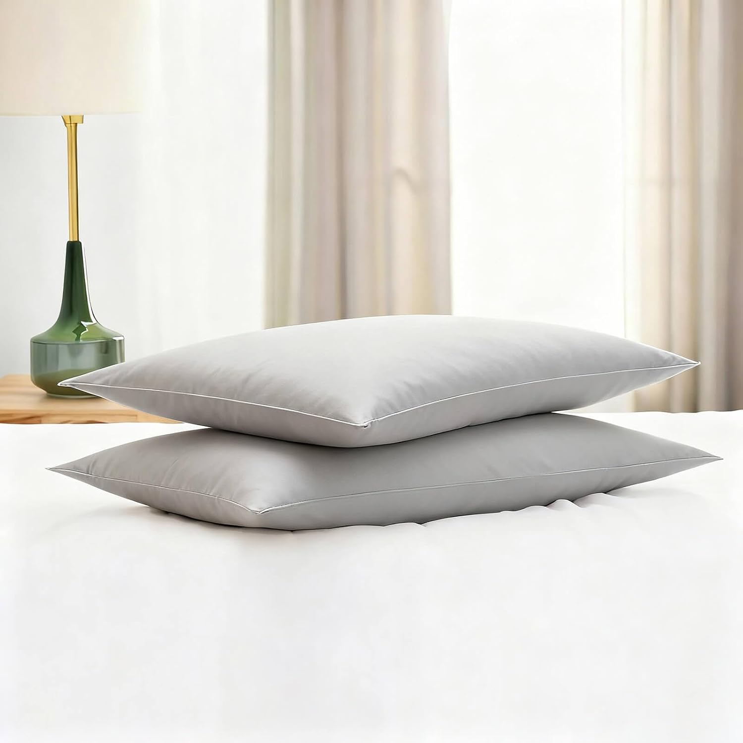 Flat Ultra Thin Bed Pillows King Size Pillow Set of 2 Extra Soft Down Alternative for Stomach Back Sleeper Light Grey 20x36inches