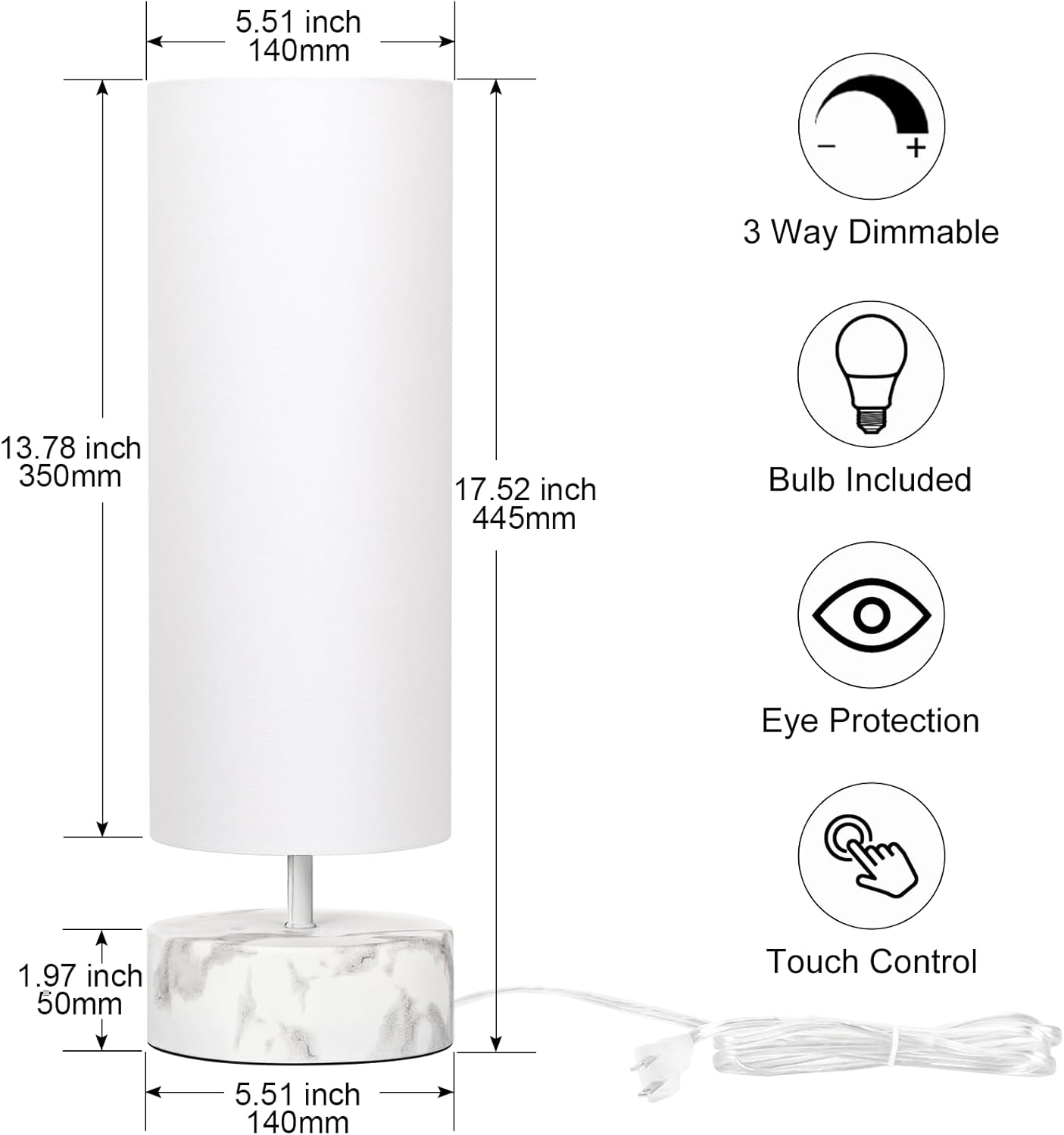 Touch Table Lamp with Metal Base Covered with Marble Grain, 3 Way Dimmable Modern Bedside Nightstand Lamp with White Shade, Simple Night…