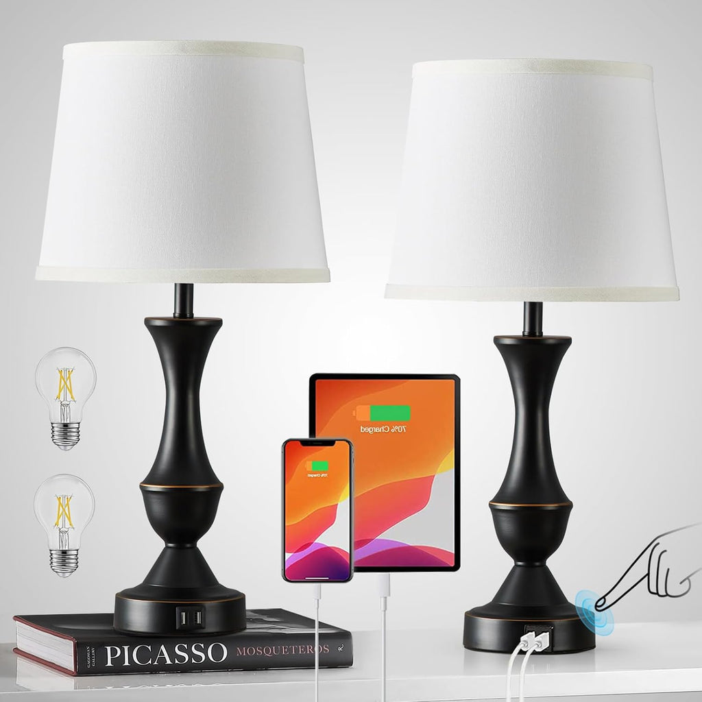 Luvkczc Touch Table Lamps Set of 2, 22" Tall Bedside Lamps with USB C+A Ports, Dimmable Nightstand Lamps, Table lamp for Bedrooms, Living…