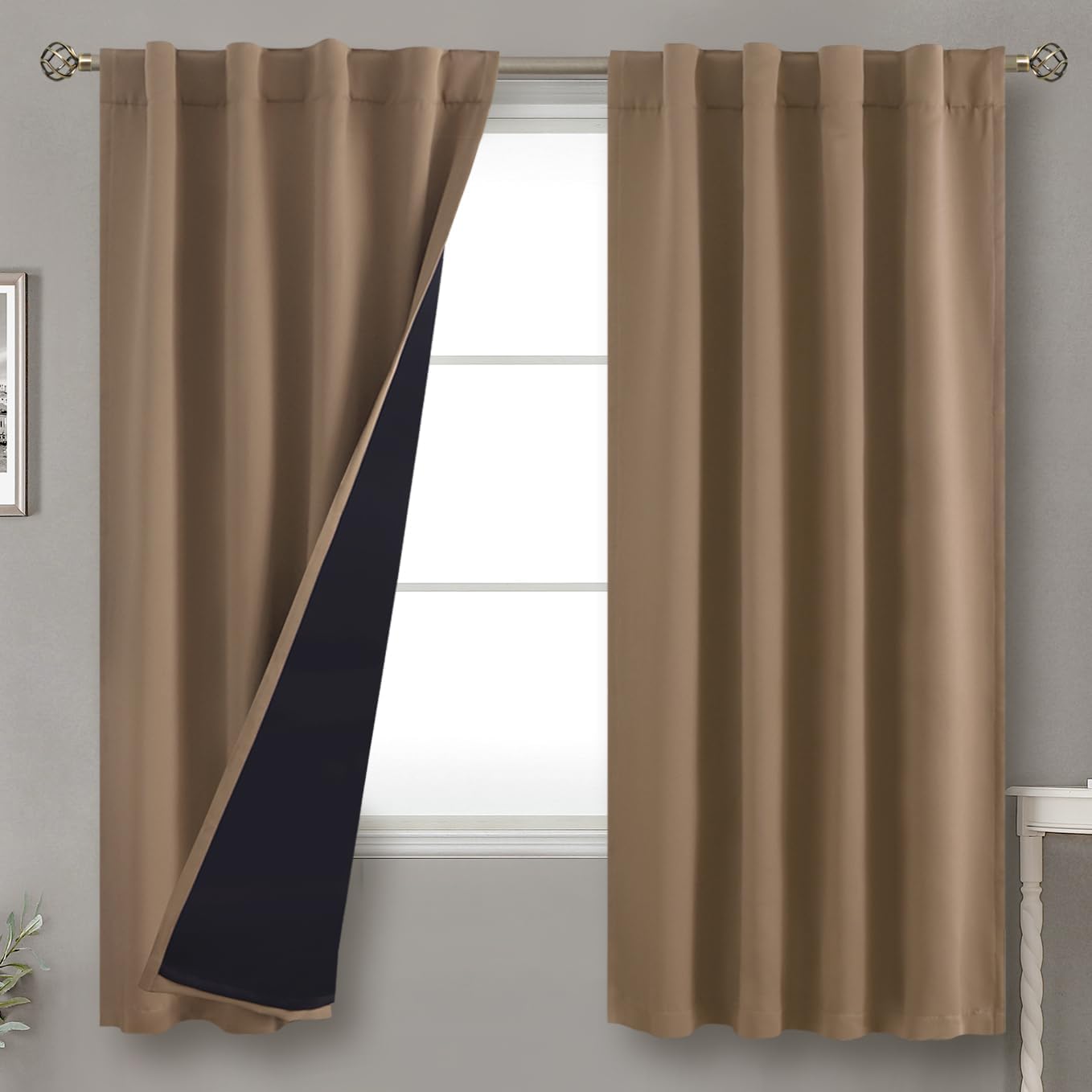 BGment Taupe 100% Blackout Curtains 63 Inches Long with Thermal Insulated Liner, Rod Pocket and Back Tab Double Layer Full Room Darkening…