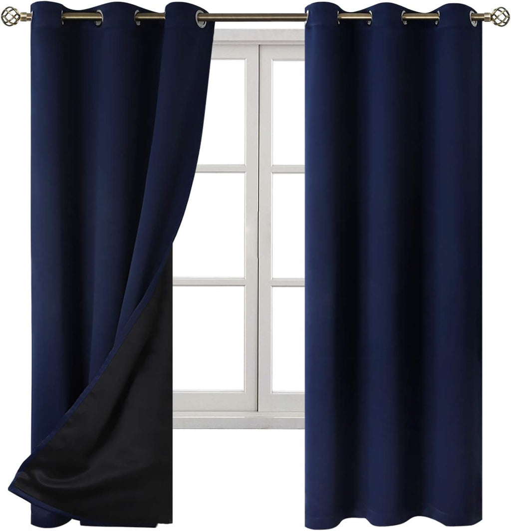 BGment Navy 100% Blackout Curtains for Bedroom 63 Inches Long with Black Liner, Thermal Insulated Double Layer Full Room Darkening Noise Re…