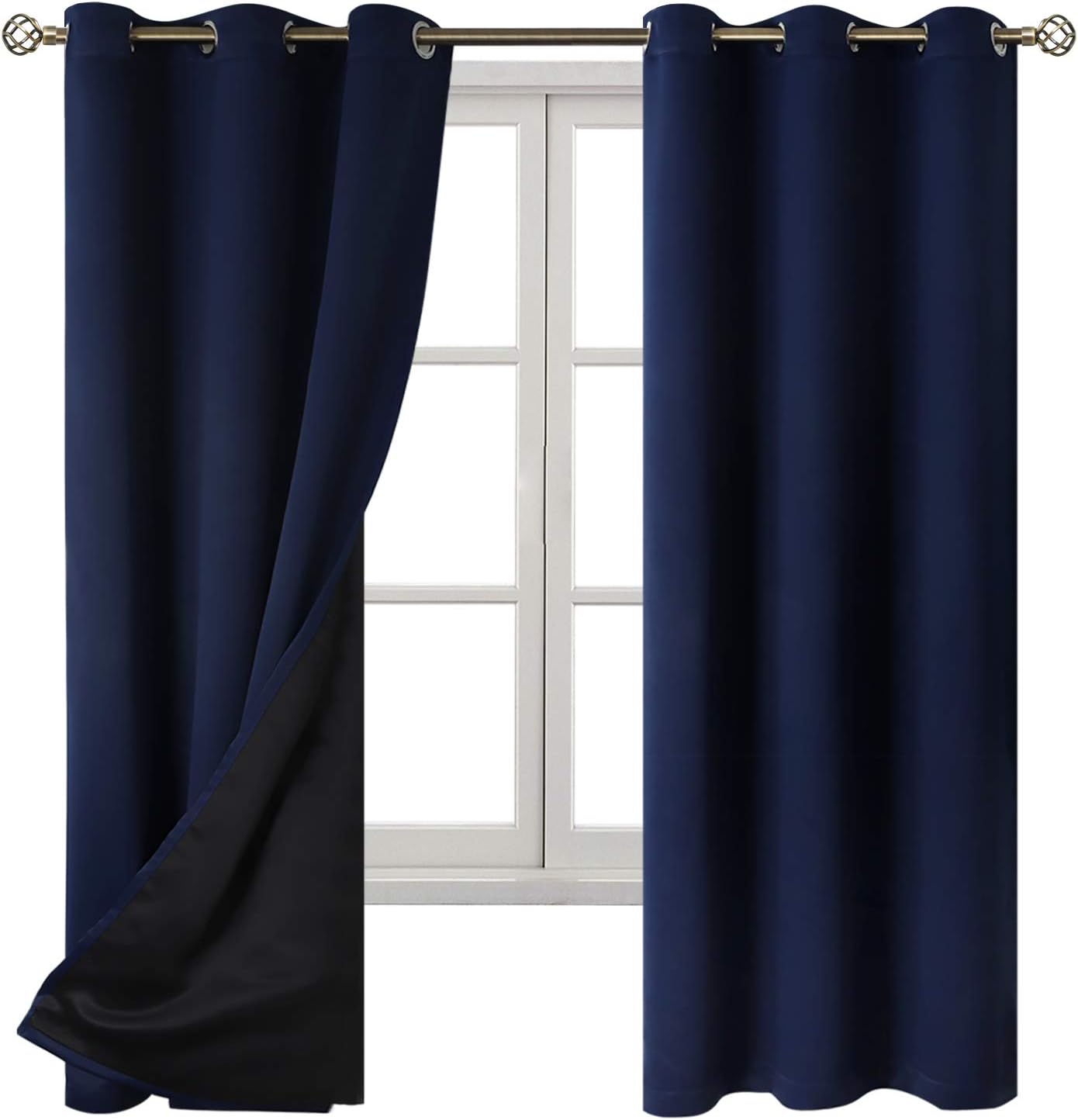 BGment Navy 100% Blackout Curtains for Bedroom 63 Inches Long with Black Liner, Thermal Insulated Double Layer Full Room Darkening Noise Re…