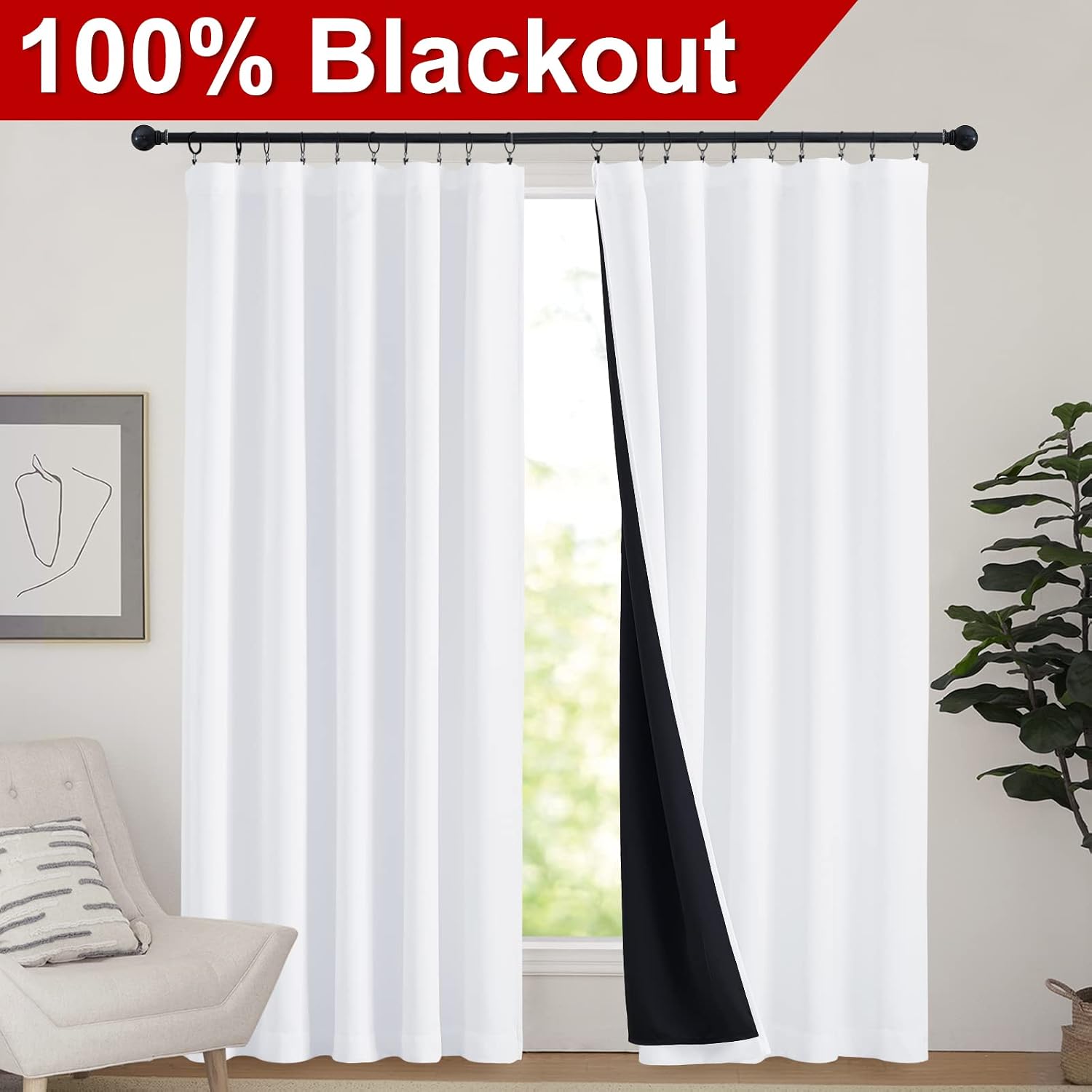 Nicetown 100% Blackout Curtain Panels, Rod Pocket Window Curtains with Black Liner for Nursery, 84 inches Drop Cold and Full Light Blocking…