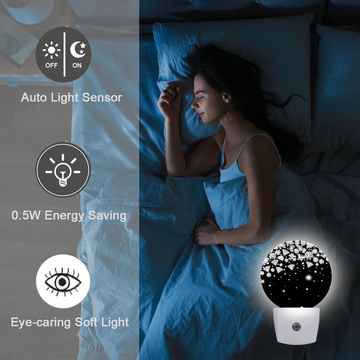 Shiny Diamond Night Light Plug-in Sleep Lamp Led Dusk to Dawn Night Light for Bedroom