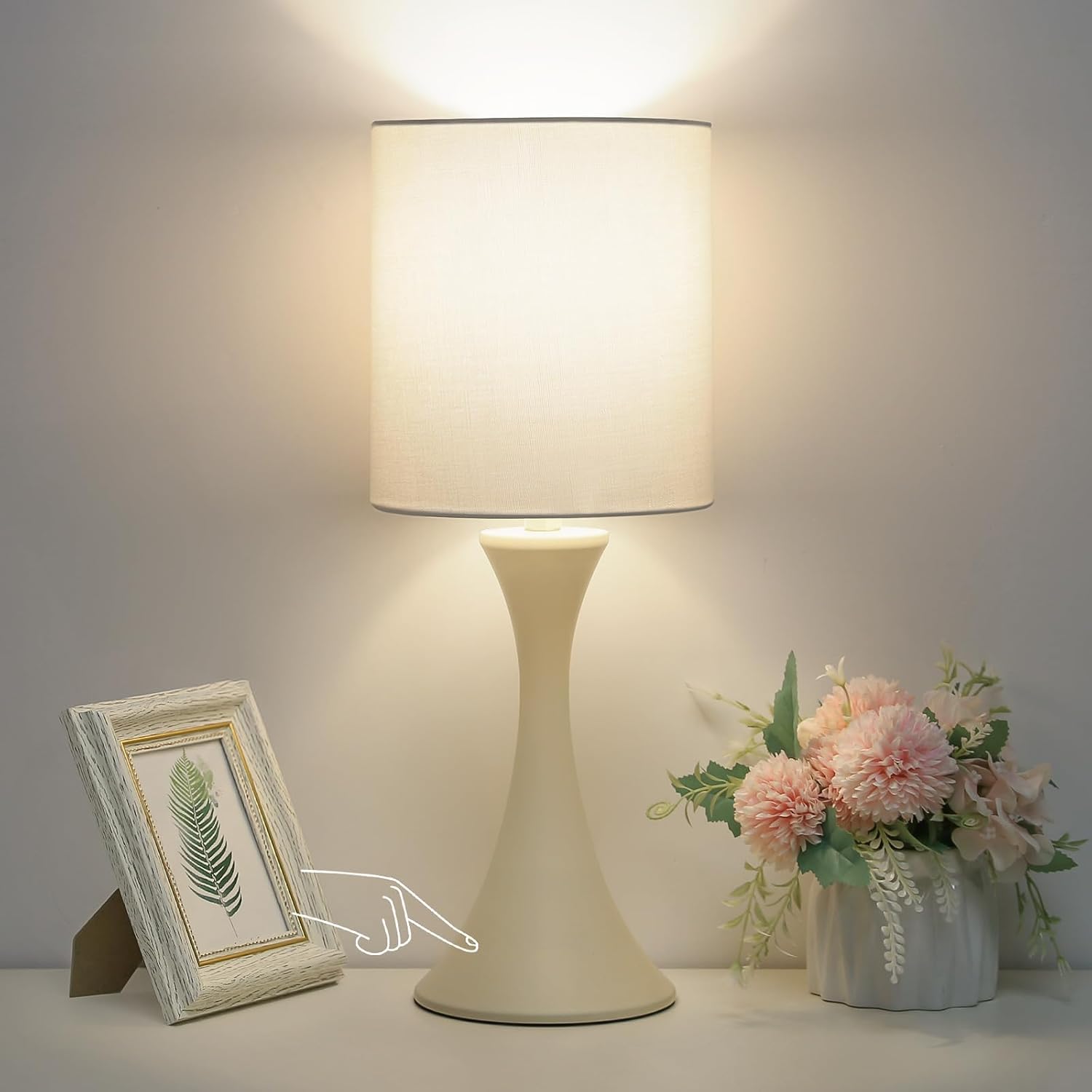 Seaside village Dimmable Bedside Lamp, 3 Way Touch Control Table Lamp, Modern Nightstand Lamp with Beige Shade and Cream Base, Small Desk…