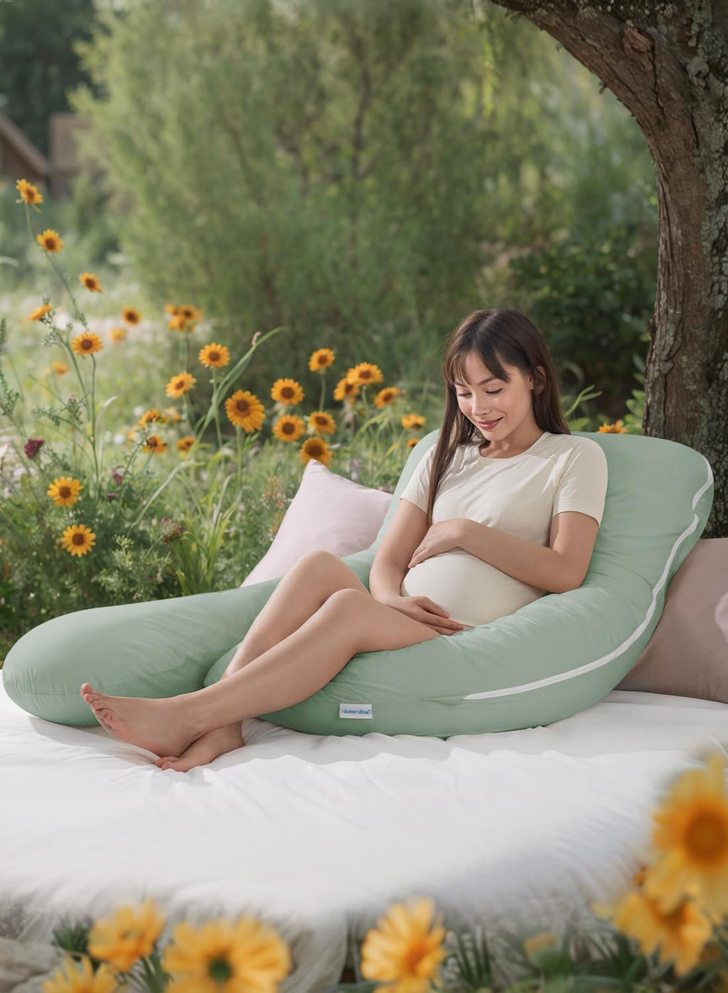 Queenrose QUEEN ROSE Pregnancy Pillows, Soft Cotton U Shaped Body Pillow for Sleeping, Maternity Pillow for Pregnant Women, Green Cotton Gr…