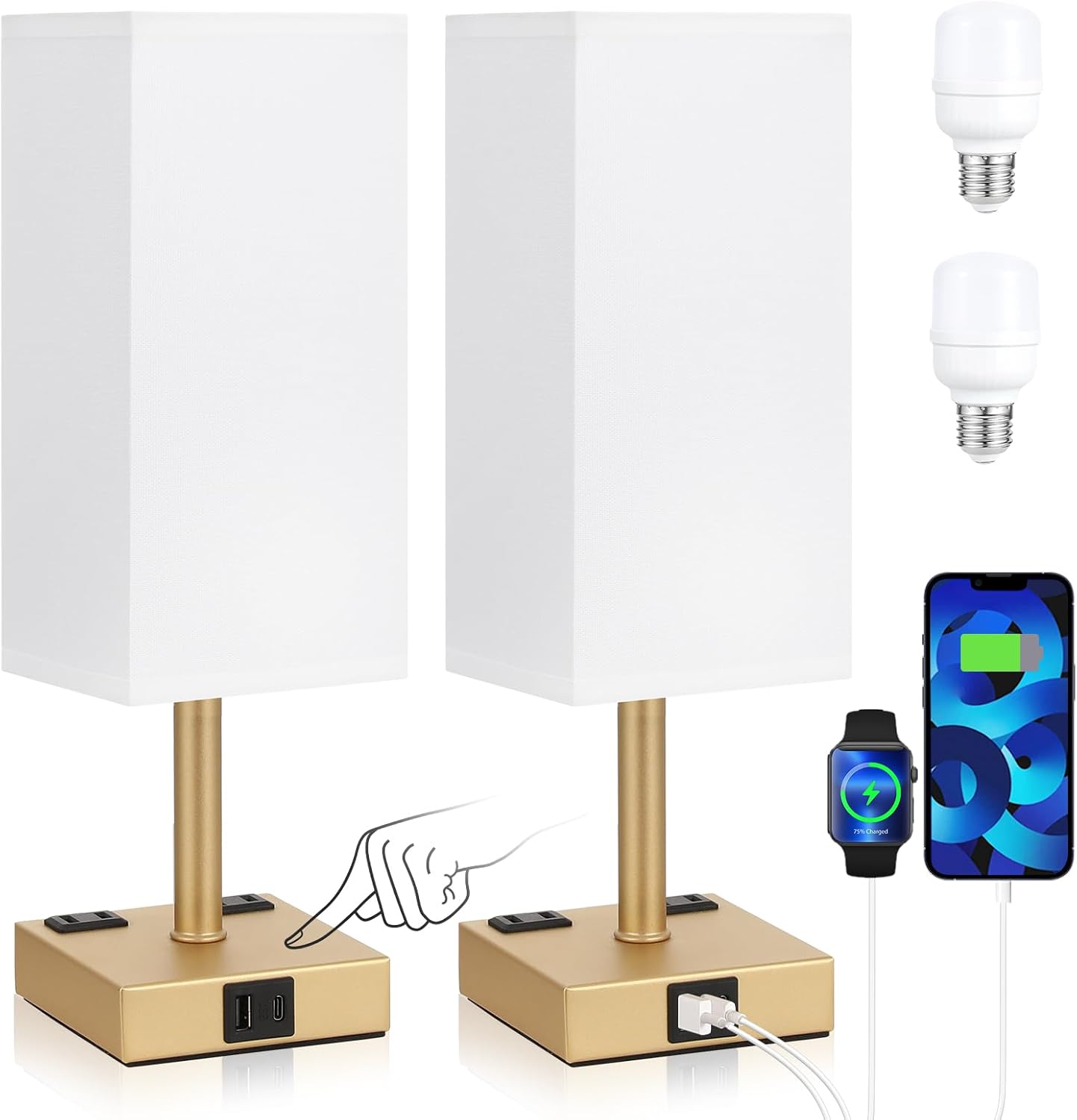aooshine Gold Base Touch Lamps Set of 2 - Nightstand Lamp with USB-C + A Charge Ports & AC Outlets, 3-Way Dimmable Bedside Lamp, Small…