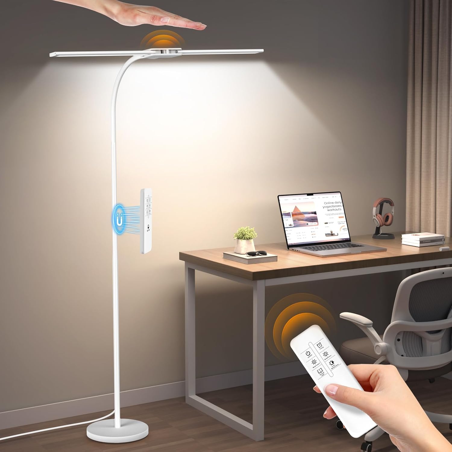 Syrinx LED Floor Lamp, 18W 2000LM Bright Reading Floor Lamp, Dual Head Gooseneck Standing Lamp, Smart Motion Sensor, Remote Control…