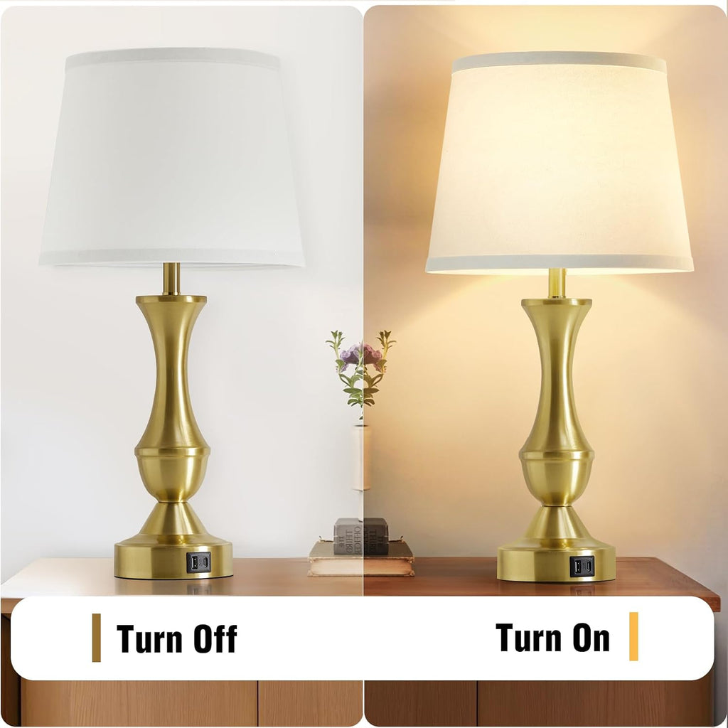 Luvkczc 22" Gold Table Lamps Set of 2 - Modern Luxury Bedside Lamps with White Fabric Shade, Dimmable & Dual USB C+A Ports, Nightstand…