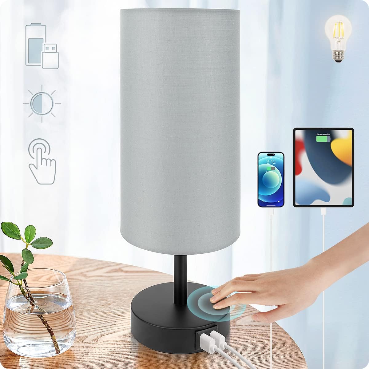 Yarra-Decor Bedside Lamp with USB Port - Touch Control Table Lamp for Bedroom 3 Way Dimmable Nightstand Lamp with Round Grey Fabric Shade…