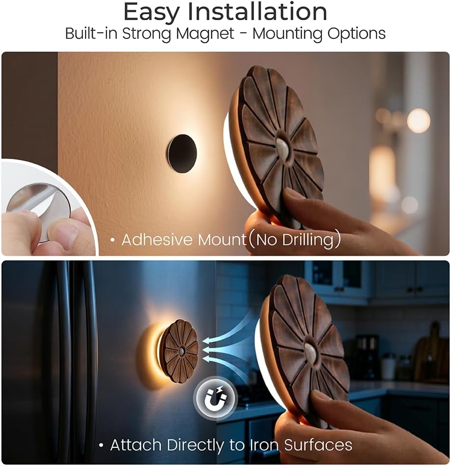 Motion Sensor Night Light Wooden Carved Flower USB Rechargeable Stick-On Step Lights Magnetic Mini Wall Lights for Hallway Bedroom Living…