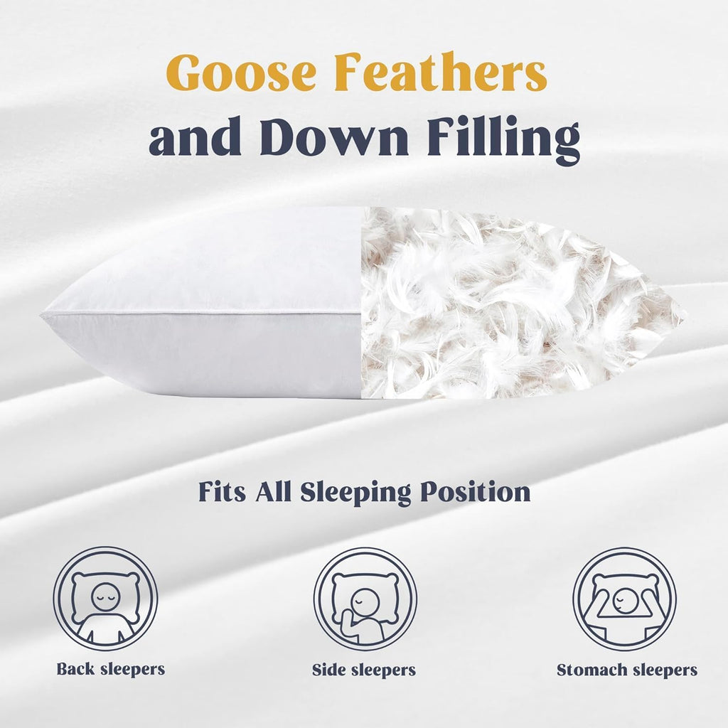puredown® Goose Feathers and Down White Pillows with 100% Soft Cotton Cover, Bed Sleeping Hotel Collection Pillows Set of 2 Queen Size
