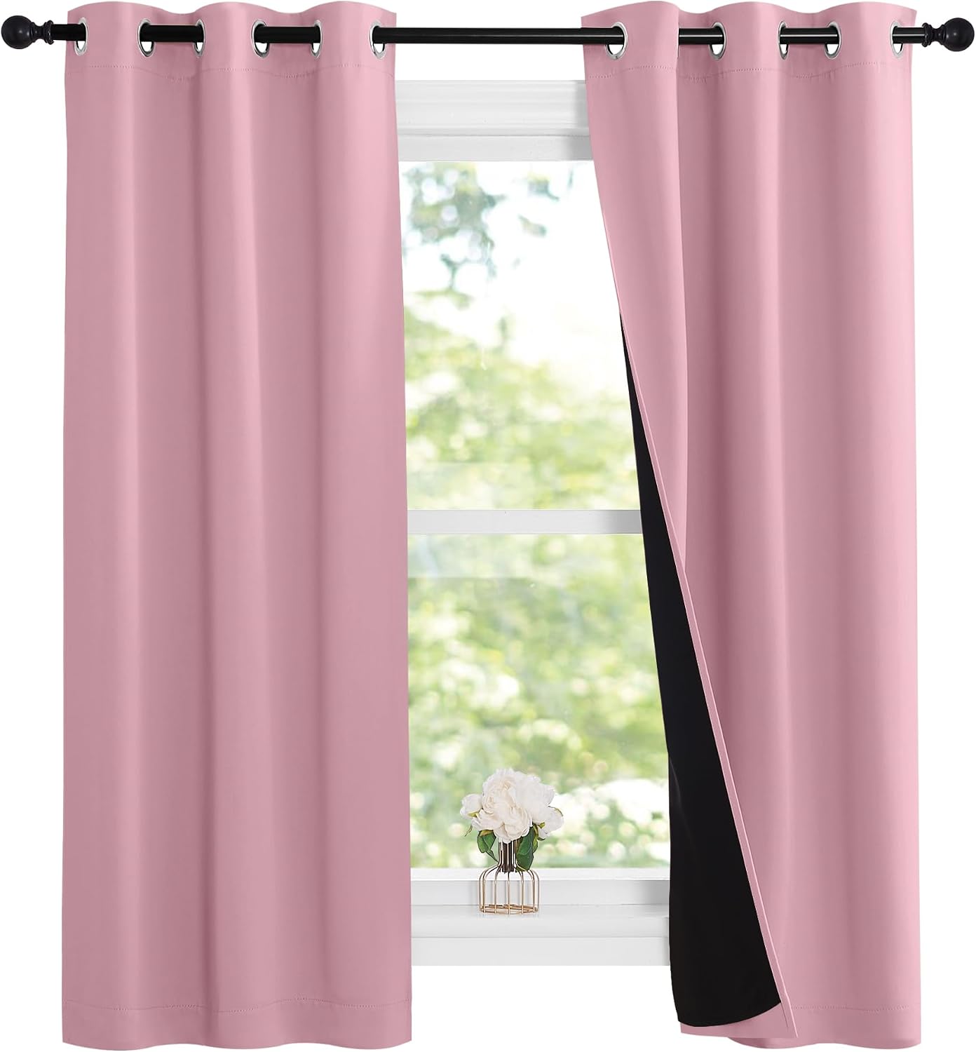 Nicetown 100% Blackout Short Curtains with Black Liners, 2 Panels, 37"W by 63"L, Crystal Pink, Solid Thermal Insulated Full Blackout 2-Laye…