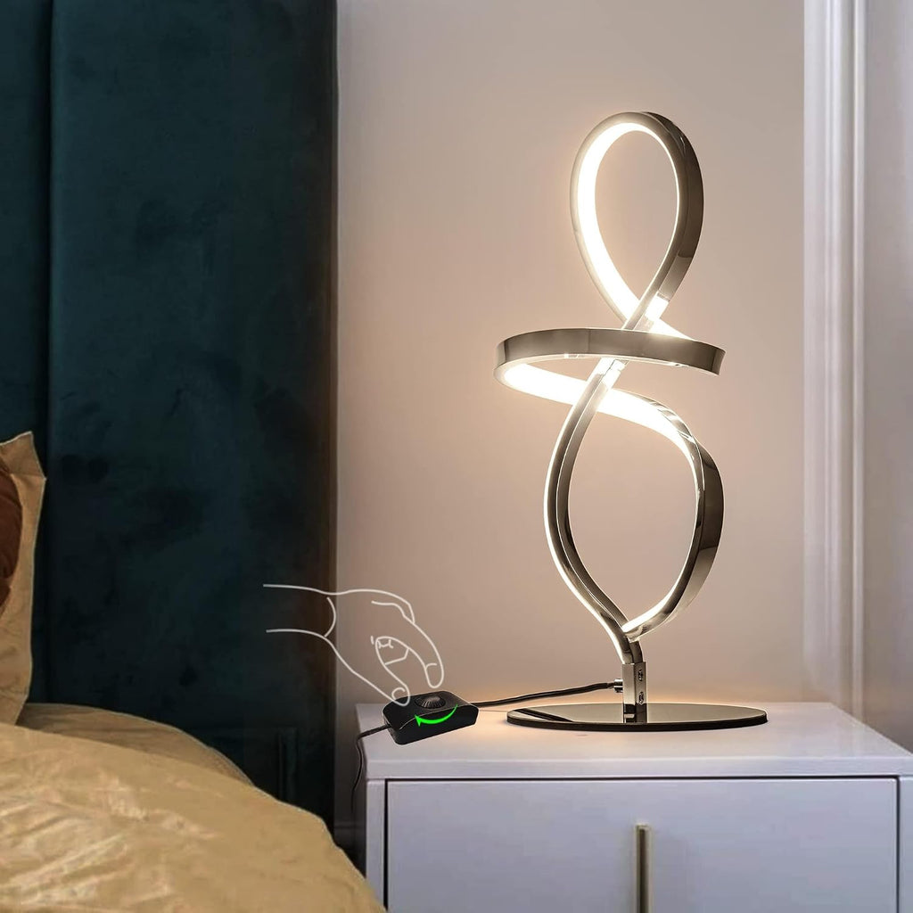Mayful Modern Table Lamp with LED Unique Spiral Design, Small Nightstand Lamp with Stepless Dimming Switch, Chrome Bedside Lamps for…