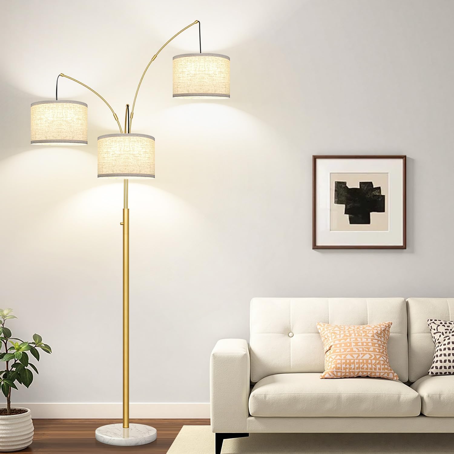 Dimmable 3 Lights Arc Floor Lamp, Modern Tall Standing Tree Lamp with Gold Pole, White Linen Shades & Solid Marble Base, 3000LM Warm…