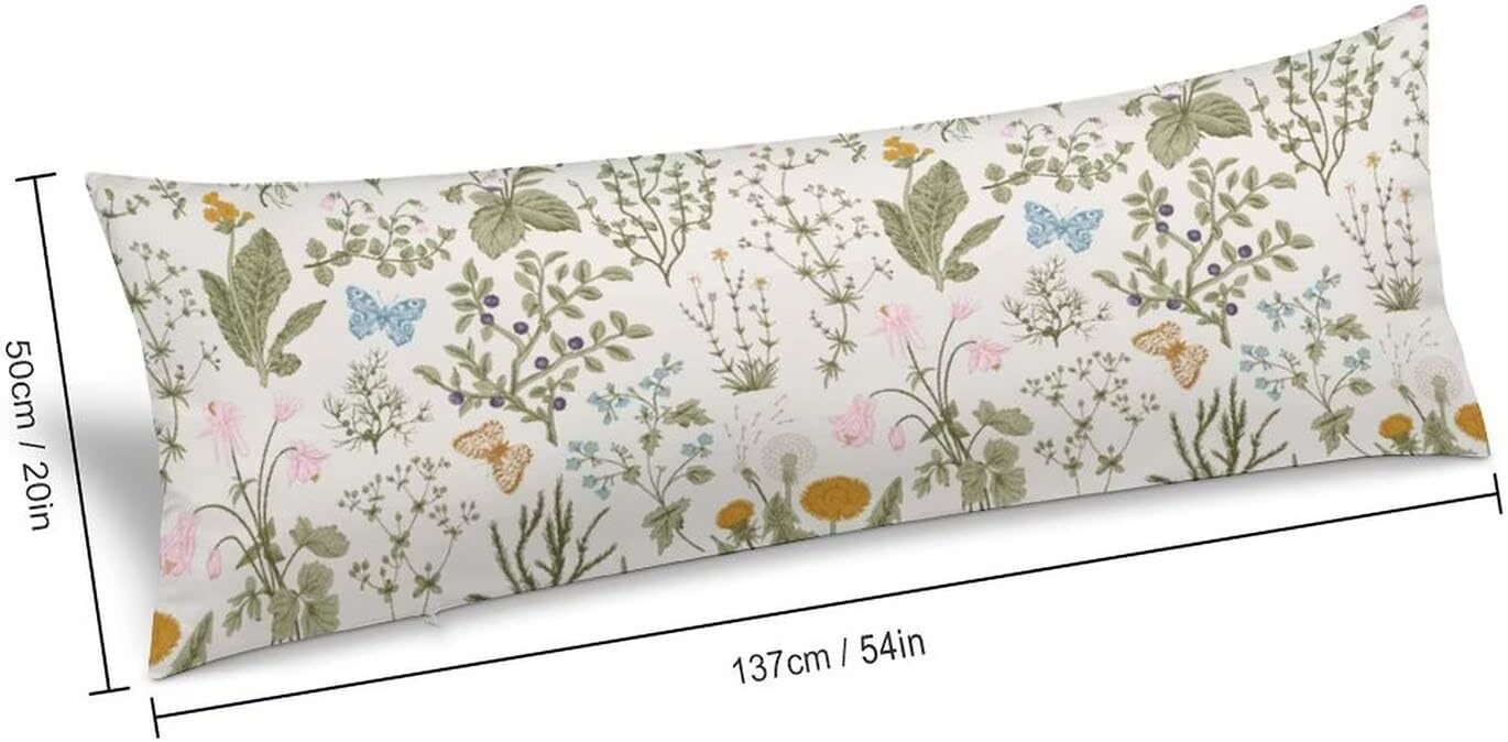 Body Pillow Cover Pattern Printed Body Pillowcase Vintage Wildflower Herbs Floral Rustic Butterfly Decorative Rectangle Long Pillow Cases…