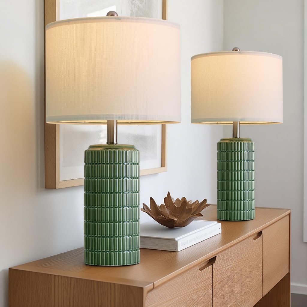 PoKat 24" Modern Ceramic Table Lamps Set of 2 for Bedroom, Green Bedside Lamps for Night Stands, Farmhouse House Decor Nightstand Table…