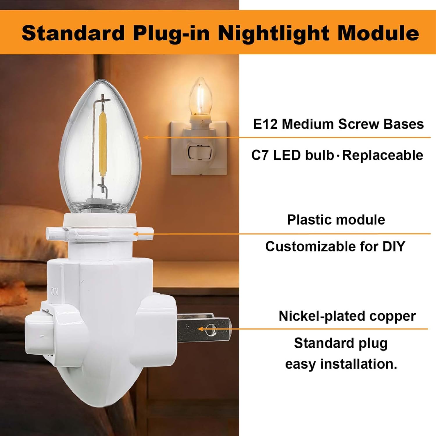 Plug-in Night Lights, Standard Plug-in Nightlight Module, On/Off Switch, E12 Socket C7 Led Light Bulbs, Suitable for DIY Handmade Decorative…