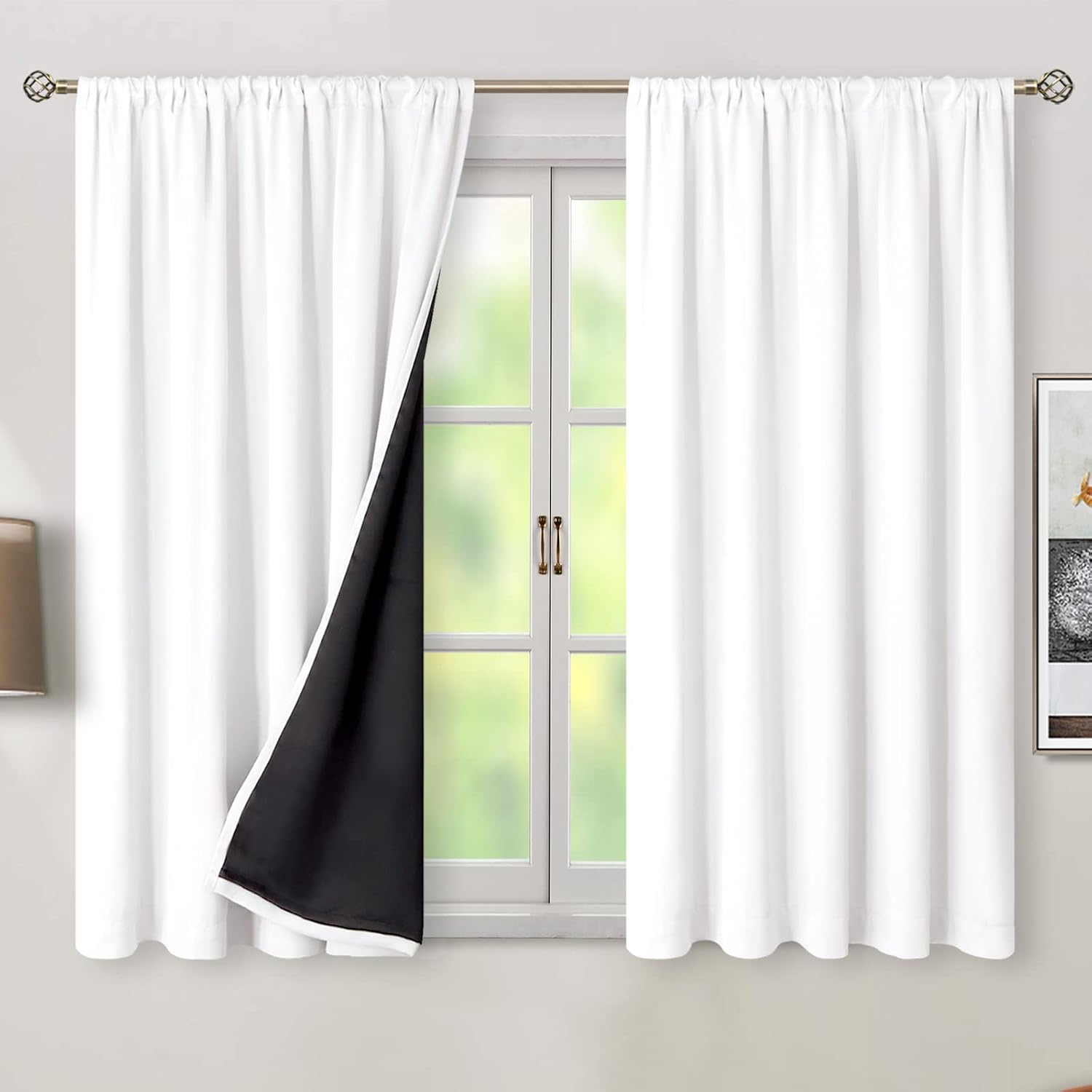 BGment 100% White Blackout Curtains 45 Inch Length for Small Windows, Rod Pocket and Back Tab Double Layer Full Room Darkening Theraml…