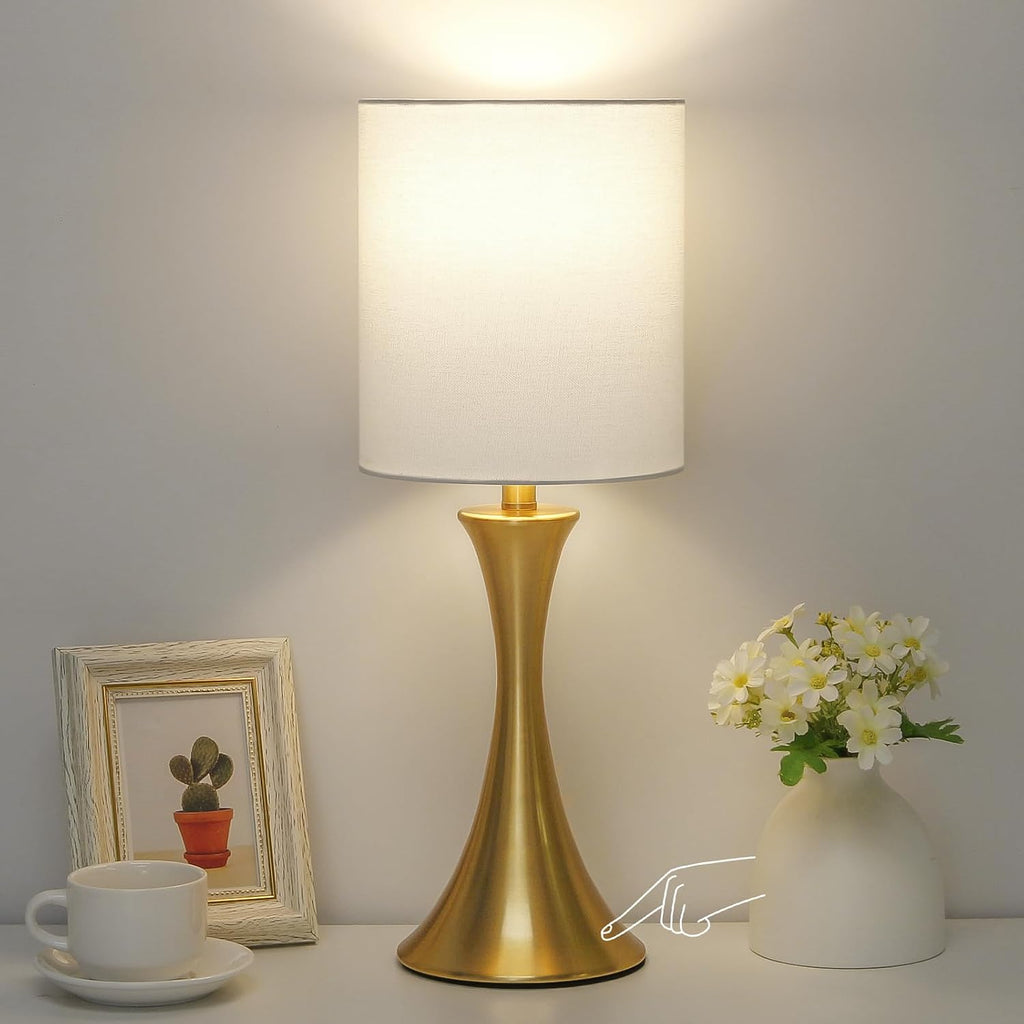 Gold Bedside Lamp Touch Control Table Lamp for Bedroom, 3-Way Dimmable Nightstand Lamp with White Shade, Modern Table Lamp for Living…