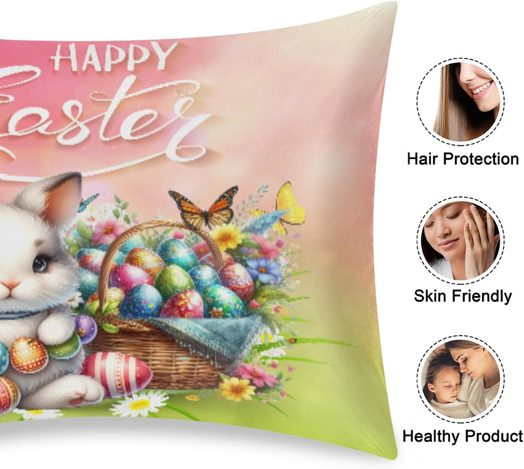 Happy Easter Rabbit Satin Pillowcase for Hair and Skin Soft Silk Pillow Cases with Envelope Closure Cooling Pillow Case Slip 15.99 Pillow…