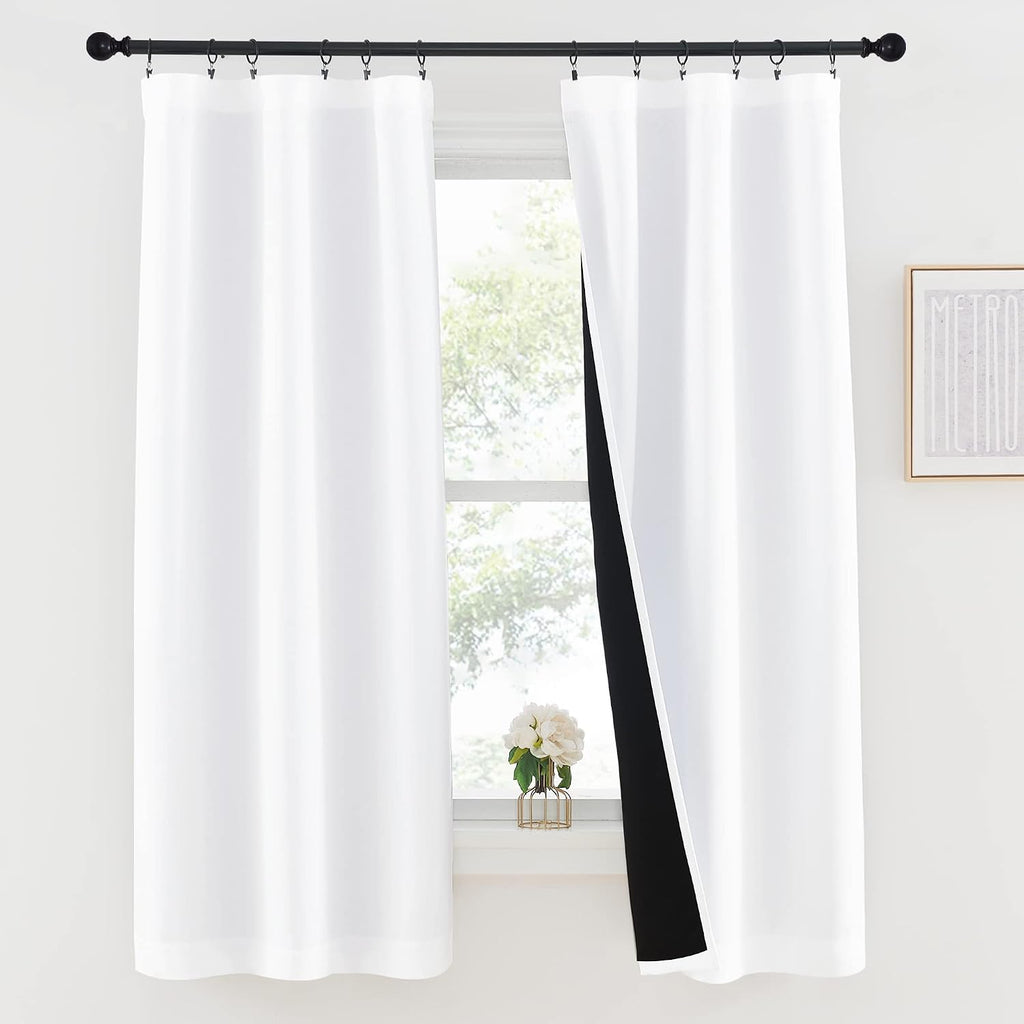 Nicetown White 100% Blackout Lined Curtains, 2 Thick Layers Completely Blackout Rod Pocket Thermal Insulated Drapes for Kitchen/Bedroom (1…