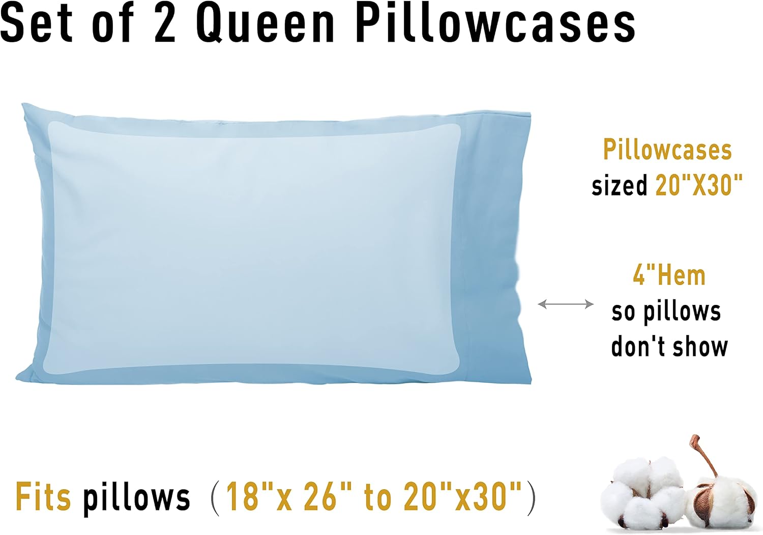 Sunflower Queen Pillowcases Set of 2, 100% Cotton Queen Pillow Cases 2, 20×30 inches Ashley Blue, Soft and Breathable