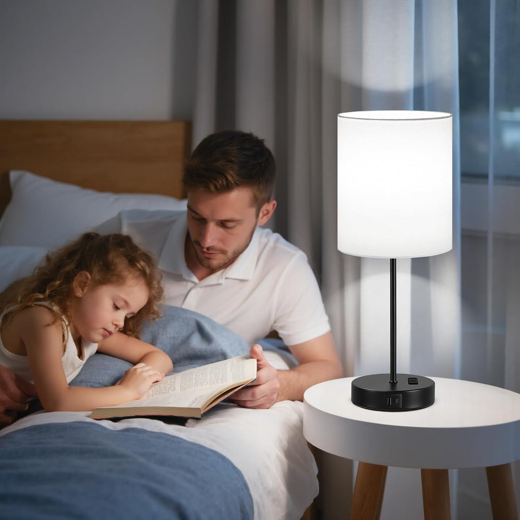 Fenmzeelighting White and Black Lamps for Nightstand Set of 2 - Bedside Table Lamp for Bedroom with Dual USB Ports & AC Outlet, 3-Way Dimma…