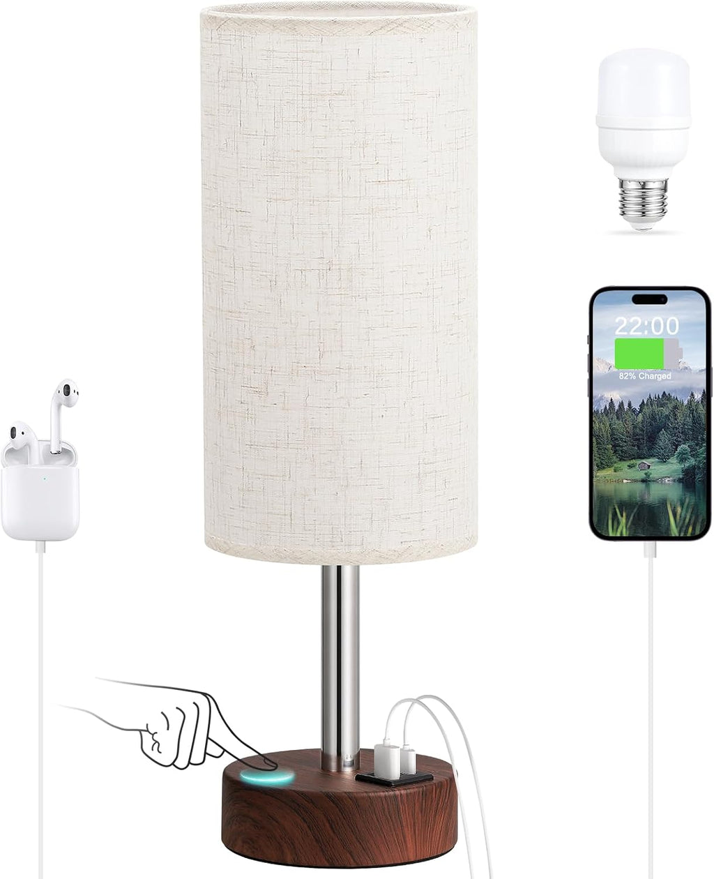 Dicoool Touch Bedside Table Lamp with USB - 3 Way Dimmable Redwood Lamps for Bedroom Nightstand, Desk Lamp with Charging Station for…