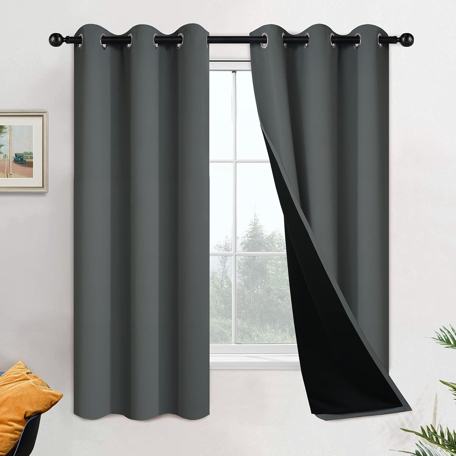 Yakamok 63 Inch Length 100% Blackout Curtains for Bedroom, 2 Thick Layers Thermal Insulated Grommet Total Blackout Drapes with Black Liner…