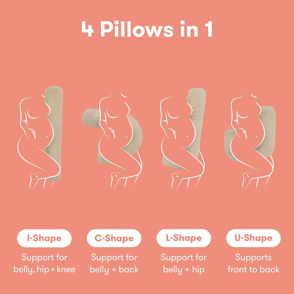 Frida Mom Compact Support 4-in-1 Pregnancy Pillow, Cooling Pregnancy Pillow, Twist & Bends into 4 Shapes for Comfort & Full Body Support, C…