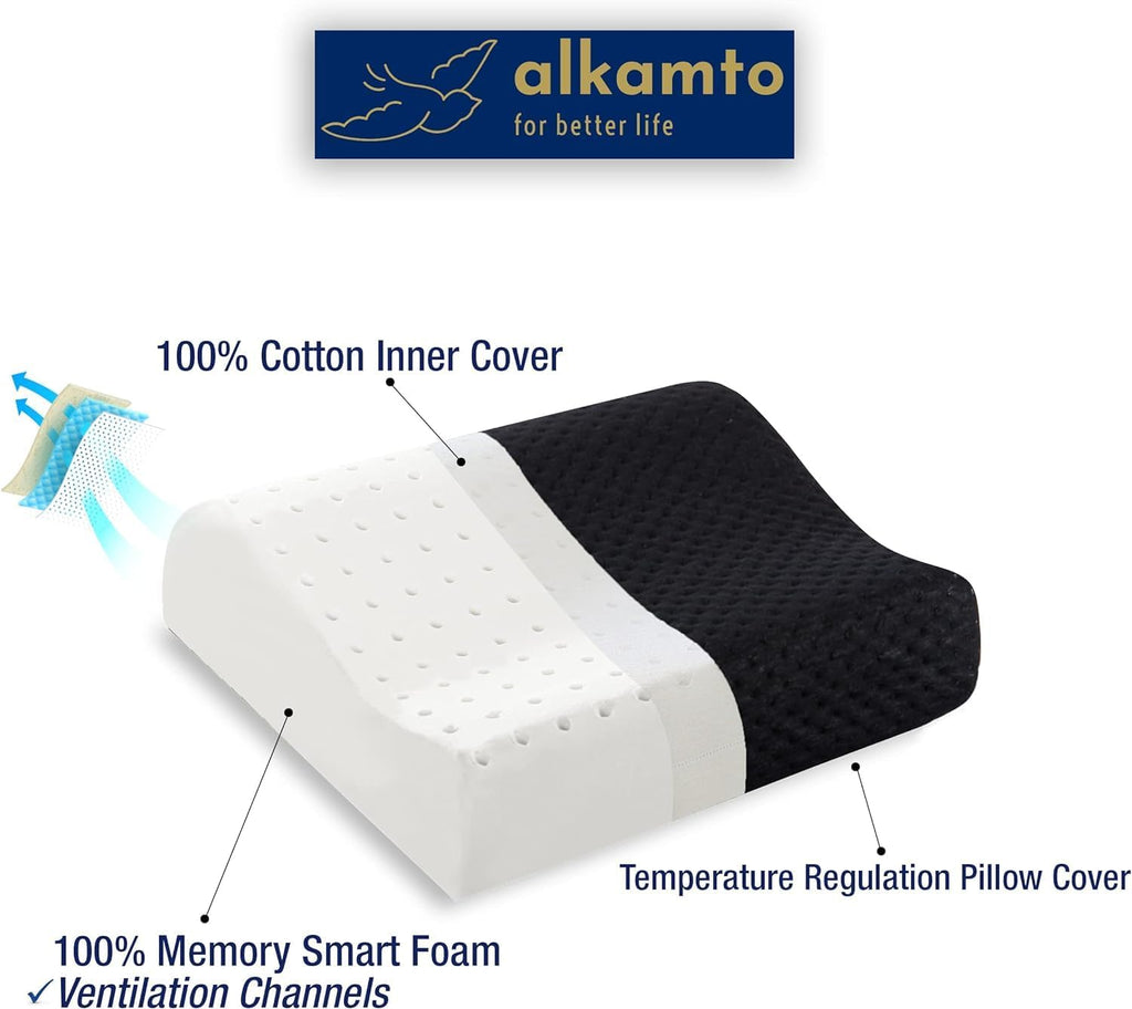 alkamto Travel & Camping Comfortable Memory Foam Pillow – Easy to Carry Portable Bag – Temperature Regulating Pillow Case (Black Contour…