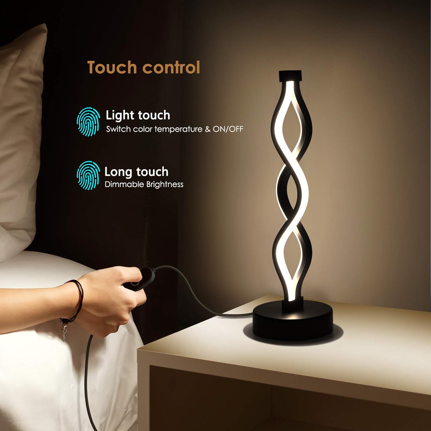 NUÜR Infinity Spiral LED Table Lamp Black, Dimmable Metallic Bedside Lamp with Touch Controller, 3 Colour Temperature, 15.8 Inch Height…