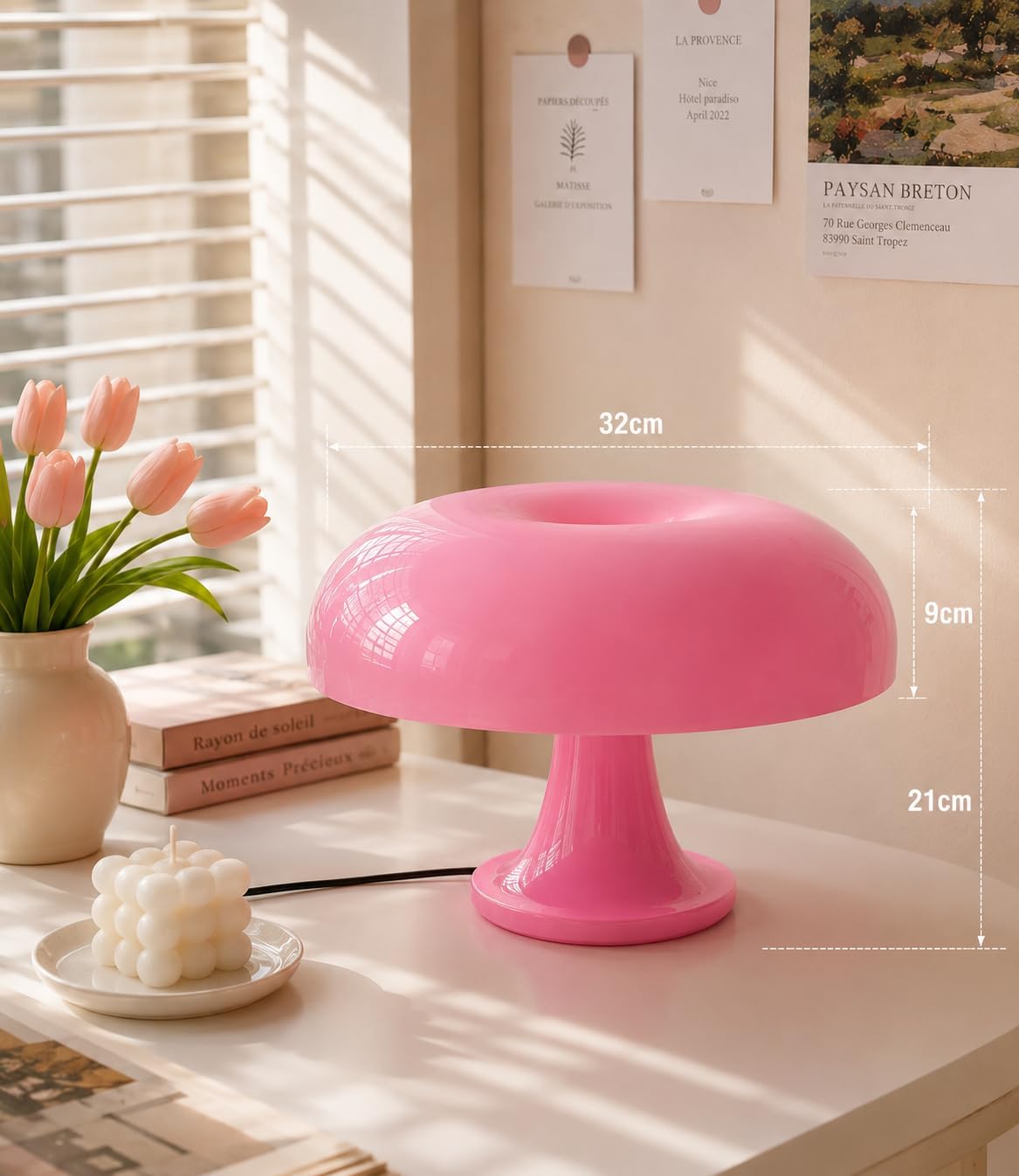 Pink Mushroom Lamp, Mid Century Modern Table Lamp for Bedroom, Minimalist Mushroom Decor Bedside Small Lamps, 2700K(Bulb Included, Plug…