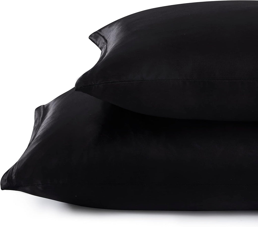 HommxJF Satin Pillowcases with Zipper (20x26), Standard Size Pillowcases Set of 2, Black Silk Pillowcase for Hair and Skin Black