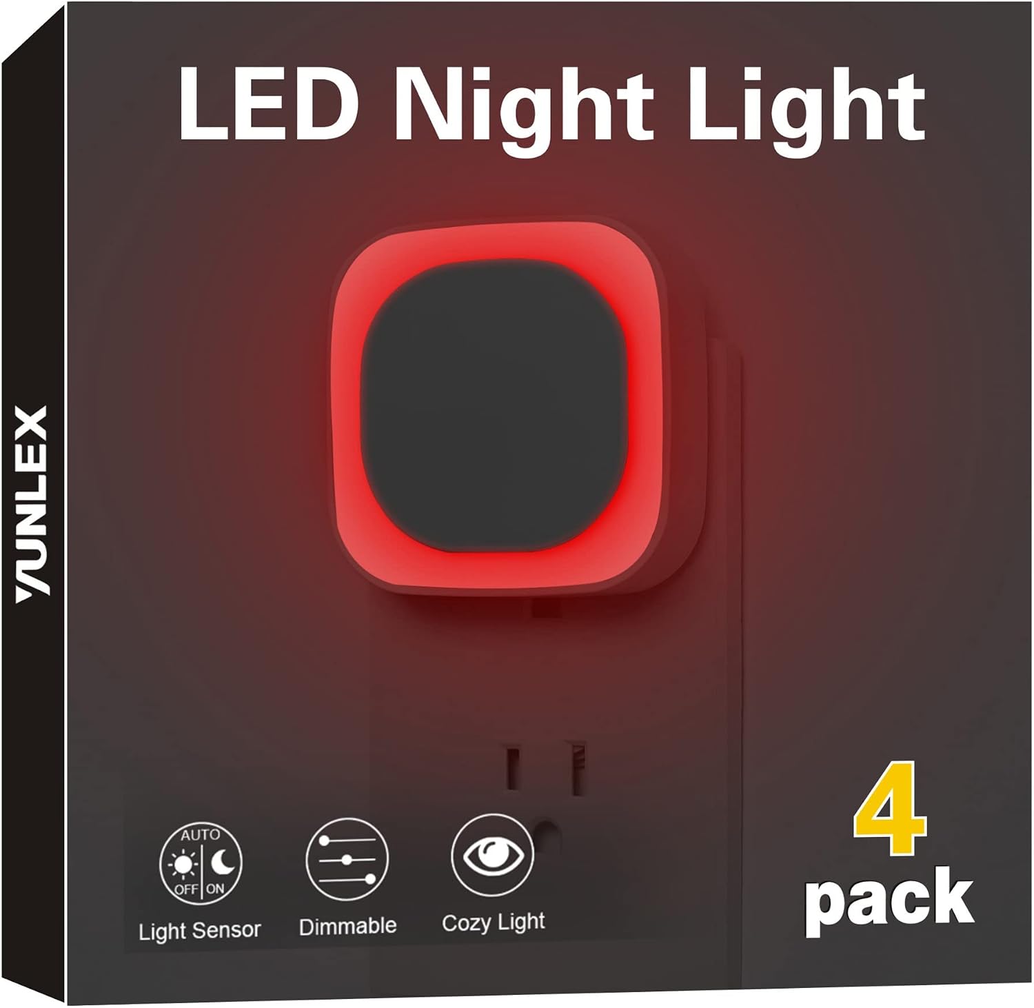 Yunlex 4 Pack Red Night Light with Dusk to Dawn Sensor, Eye-comfort Reflected Glow, 0% Blue Light True Red LED, 3-Level Brightness, Auto…