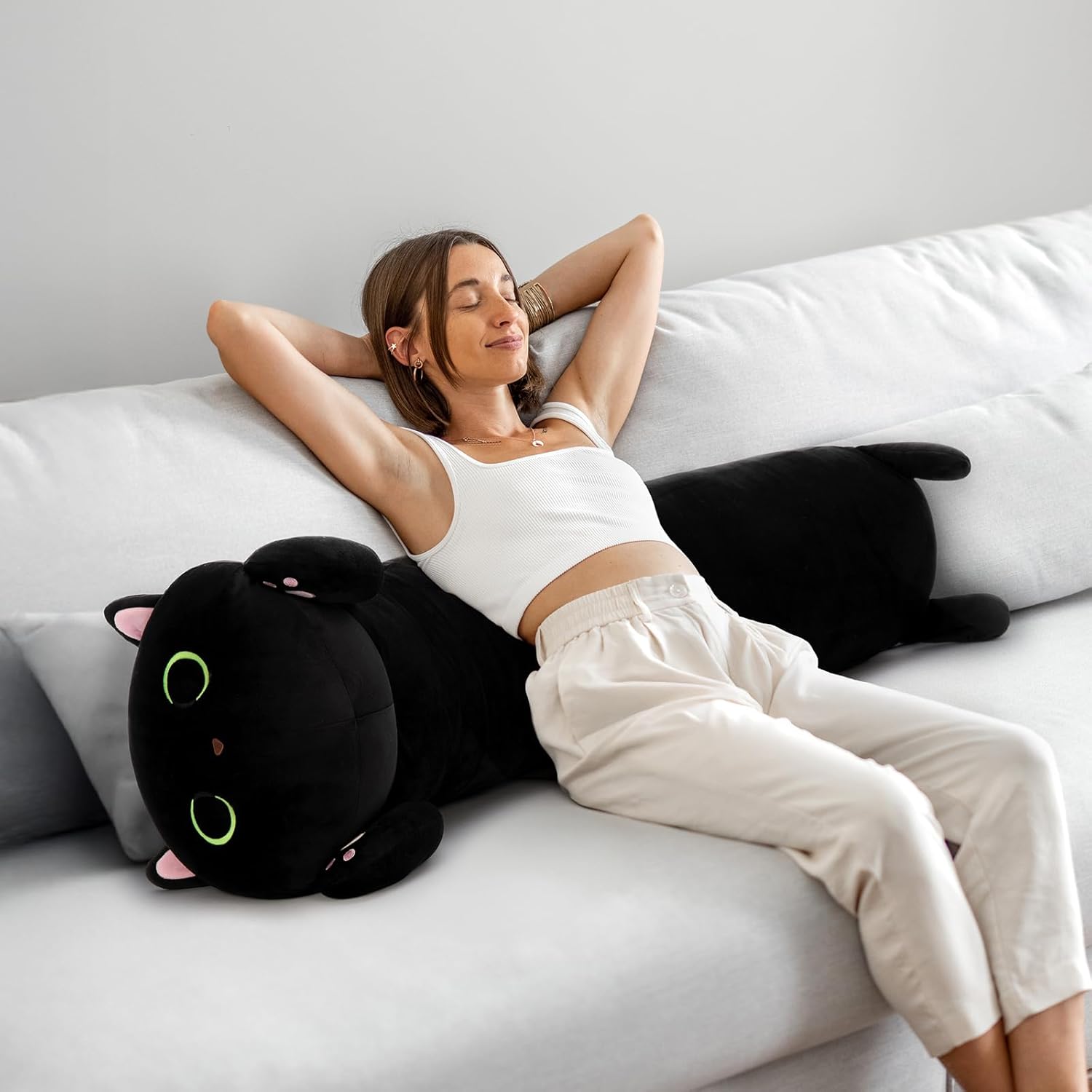 MaoGoLan Black Cat Plush Body Pillow, 44'' Giant Glow in The Dark Cat Stuffed Animal Toy for Girl Boy Kid, Big Cute Kitten Plush Throw…