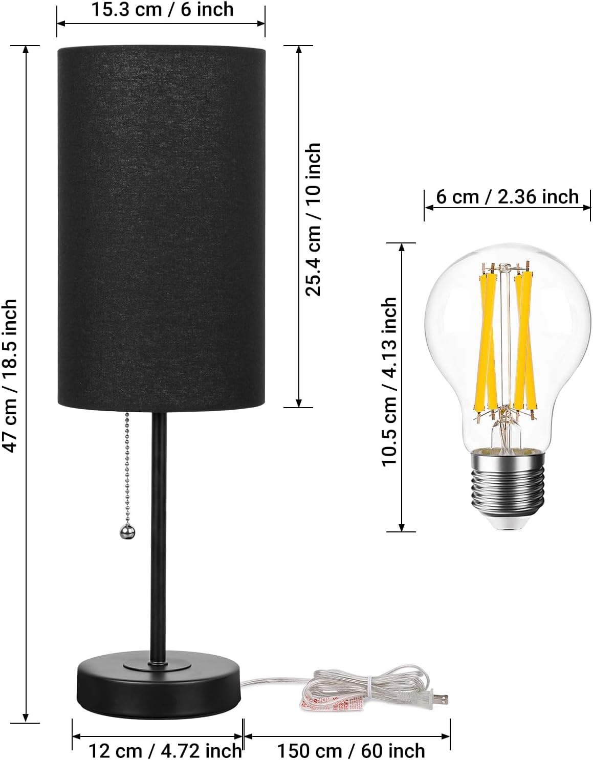 Small Table Lamps Set of 2 Desk Lamps for Living Room 3 Way Dimmable Black Nightstand Lamps with Metal Base Fabric Shade | Pull Chain…