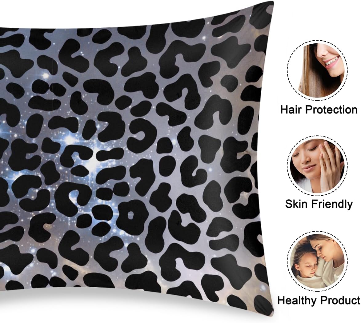 Galaxy Black Skin Leopard Satin Silk Pillowcase for Hair and Skin Pillow Cases King Size Soft Silk Pillow Case with Envelope Closure…