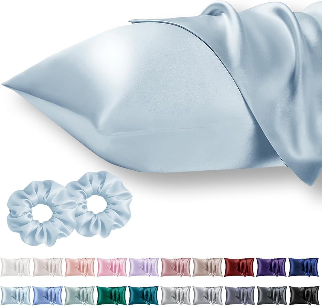 Vielit King Satin Pillowcase for Hair 2pc, Similar to Silk Pillow Cases, for Women Men, Sky Blue,20x36 & Envelope Closure and 2 Satin Scrunch…
